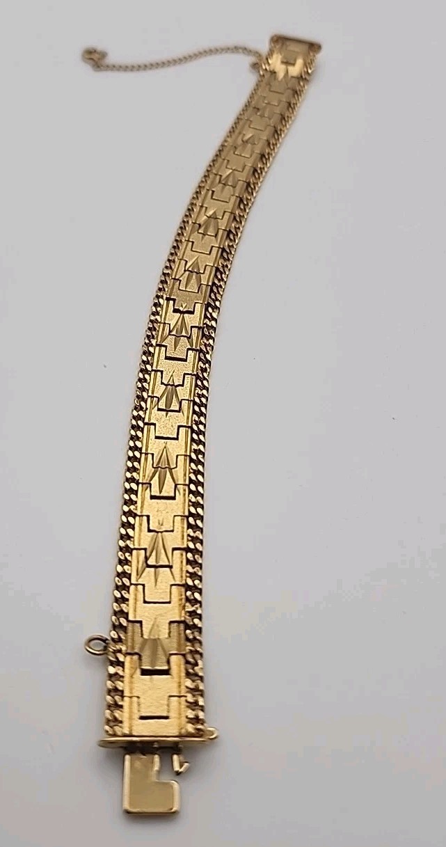Vintage Brushed Gold Tone Articulated Link 7.25″ Bracelet With Safety Chain Gift