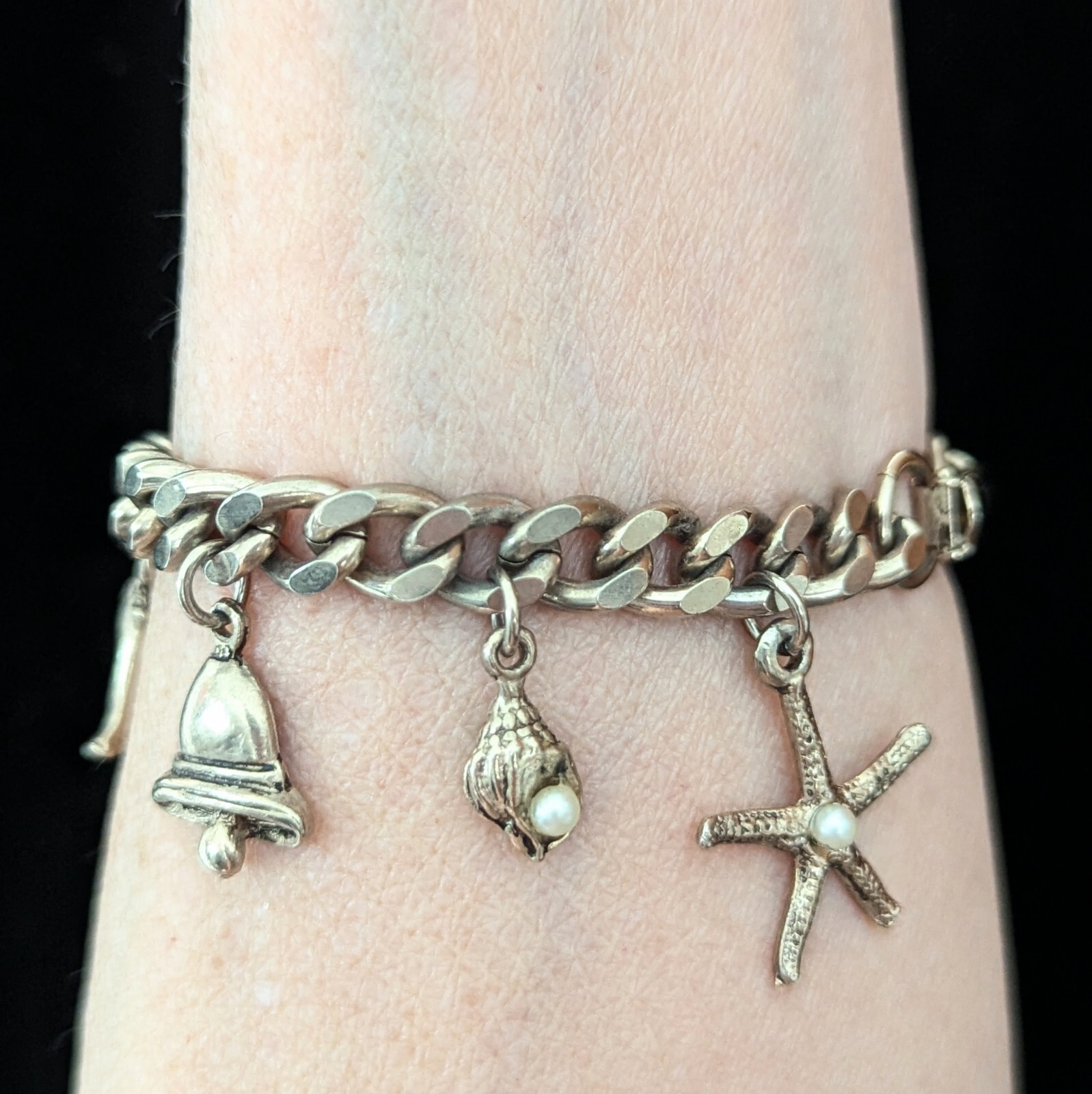 Charm Bracelet Starfish Ship Conch Shell Charms Curb Chain Vintage Jewelry 7″