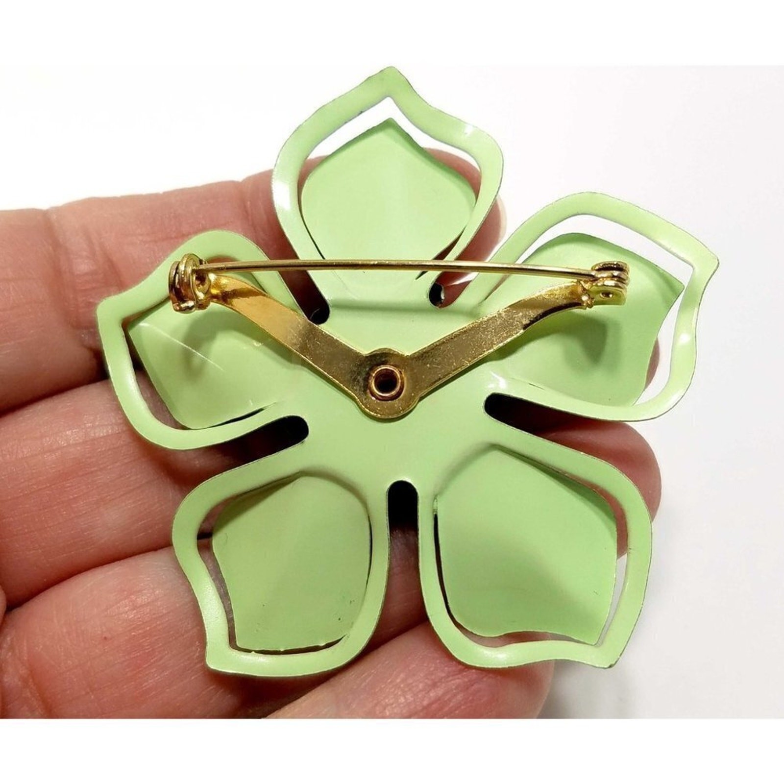 Vintage Light Green Flower Brooch, Enamel On Metal, 1960s, 2 3/8 Inches