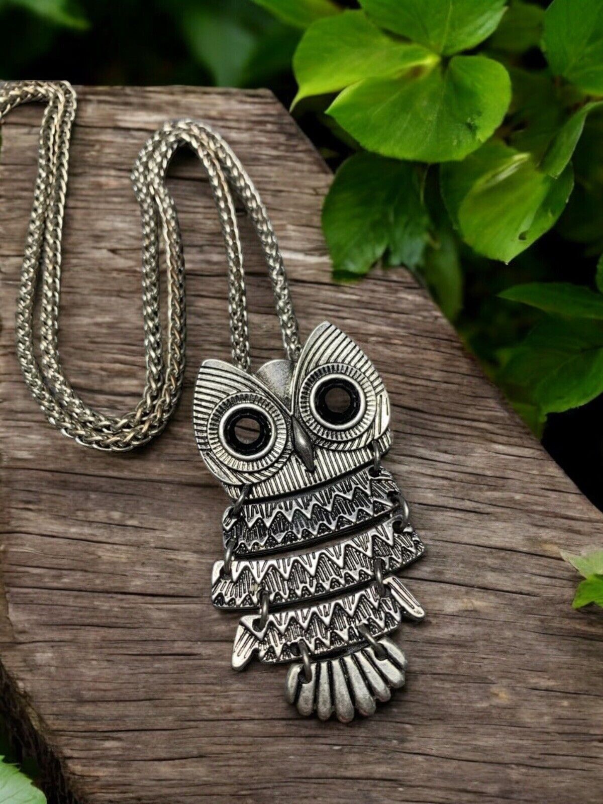 Vintage articulated, owl, rhinestone eyes wheat link chain, Pendant Necklace 24