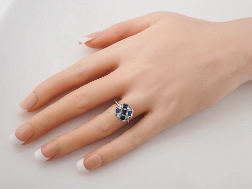 Vintage Right Hand Ring Retro 1.10 Ct Square Cut Lab Sapphire Diamond in Silver
