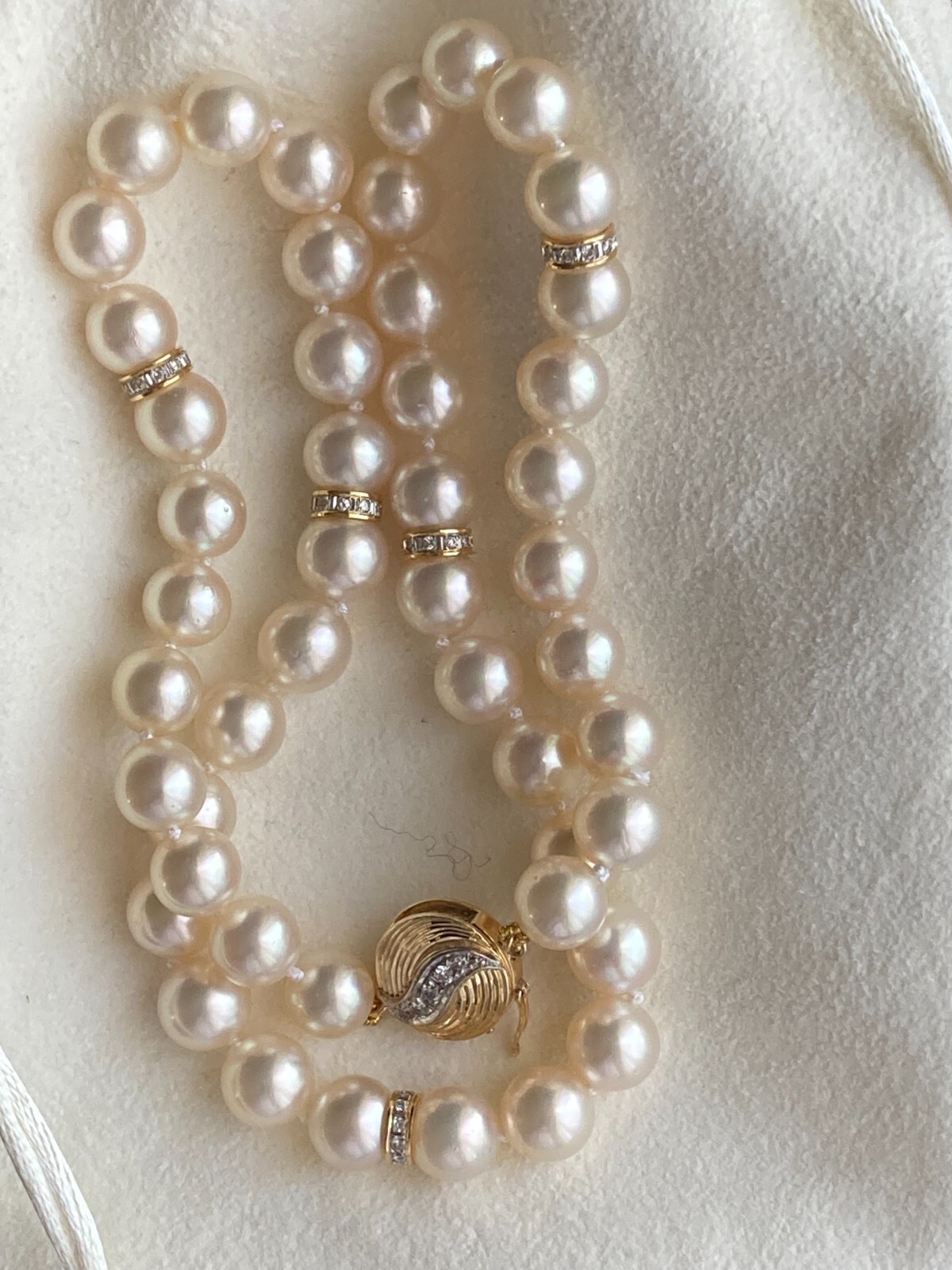 Vintage Diamond 14k Akoya Pearl Necklace 17.5”, 8-8.5mm
