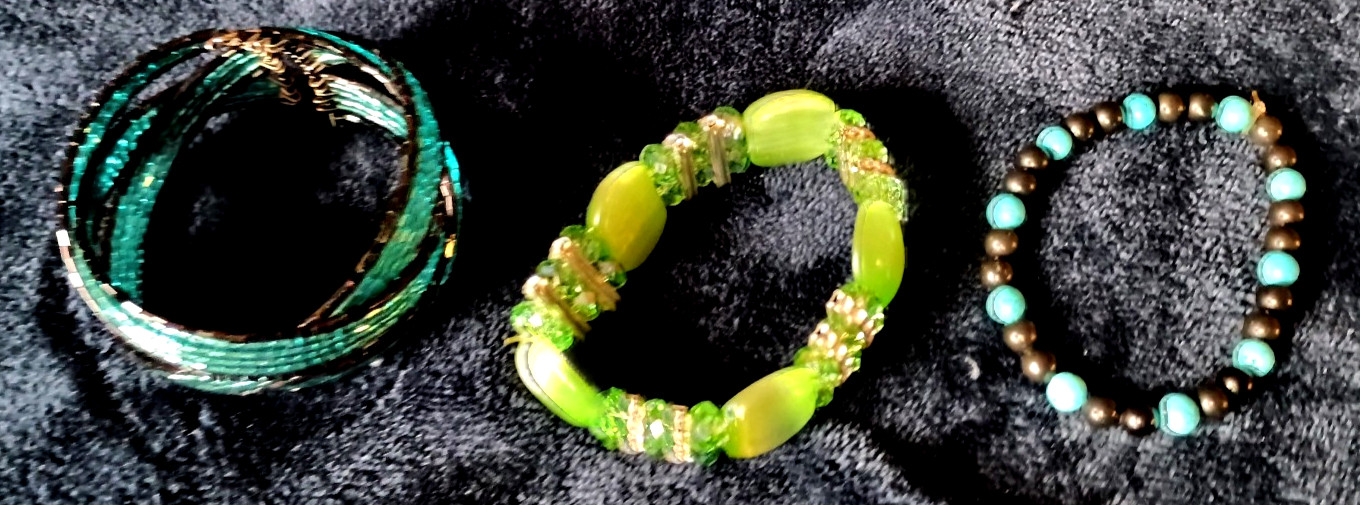 3 Different GREEN Glass bracelets 1960s-70s
