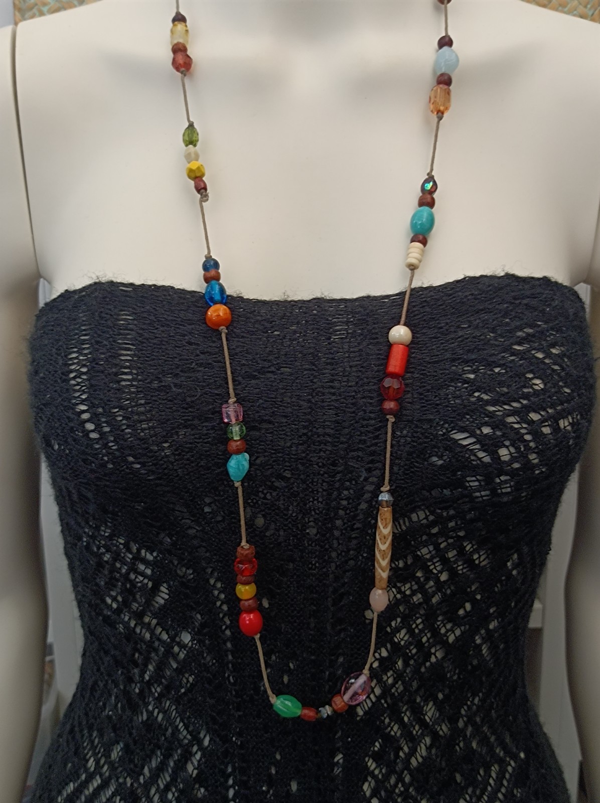 Vintage Long Boho Lariat Necklace Mixed Beads Glass Ceramic Wood Knotted Station