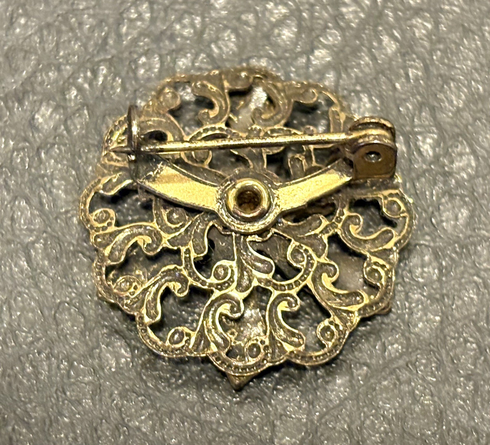 Vintage Victorian Black Enamel Gold Tone Faux Jelly Opal Flower Brooch Pin