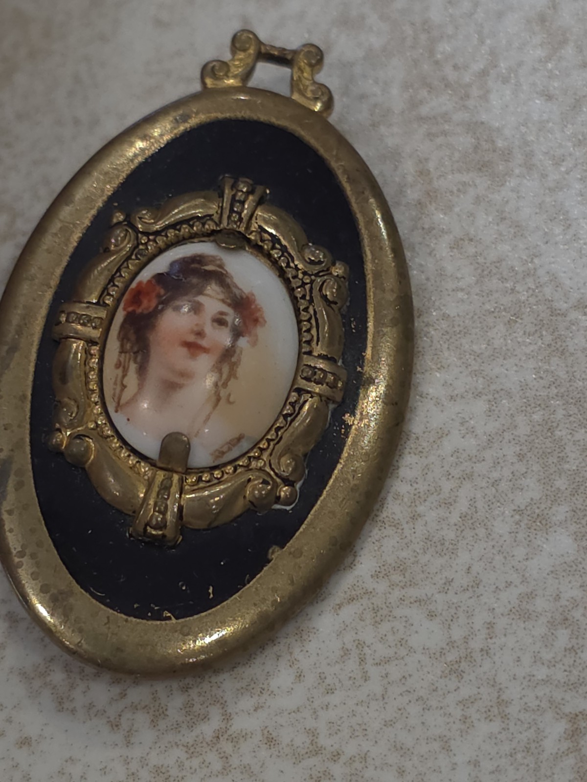 Antique Portrait Art Nouveau Victorian Women Converted Brooch Pin Brass Enamel