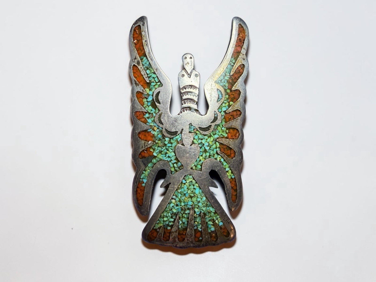 Navajo Juan T. Singer JTS Sterling Silver Turquoise Coral Thunderbird Pin Brooch