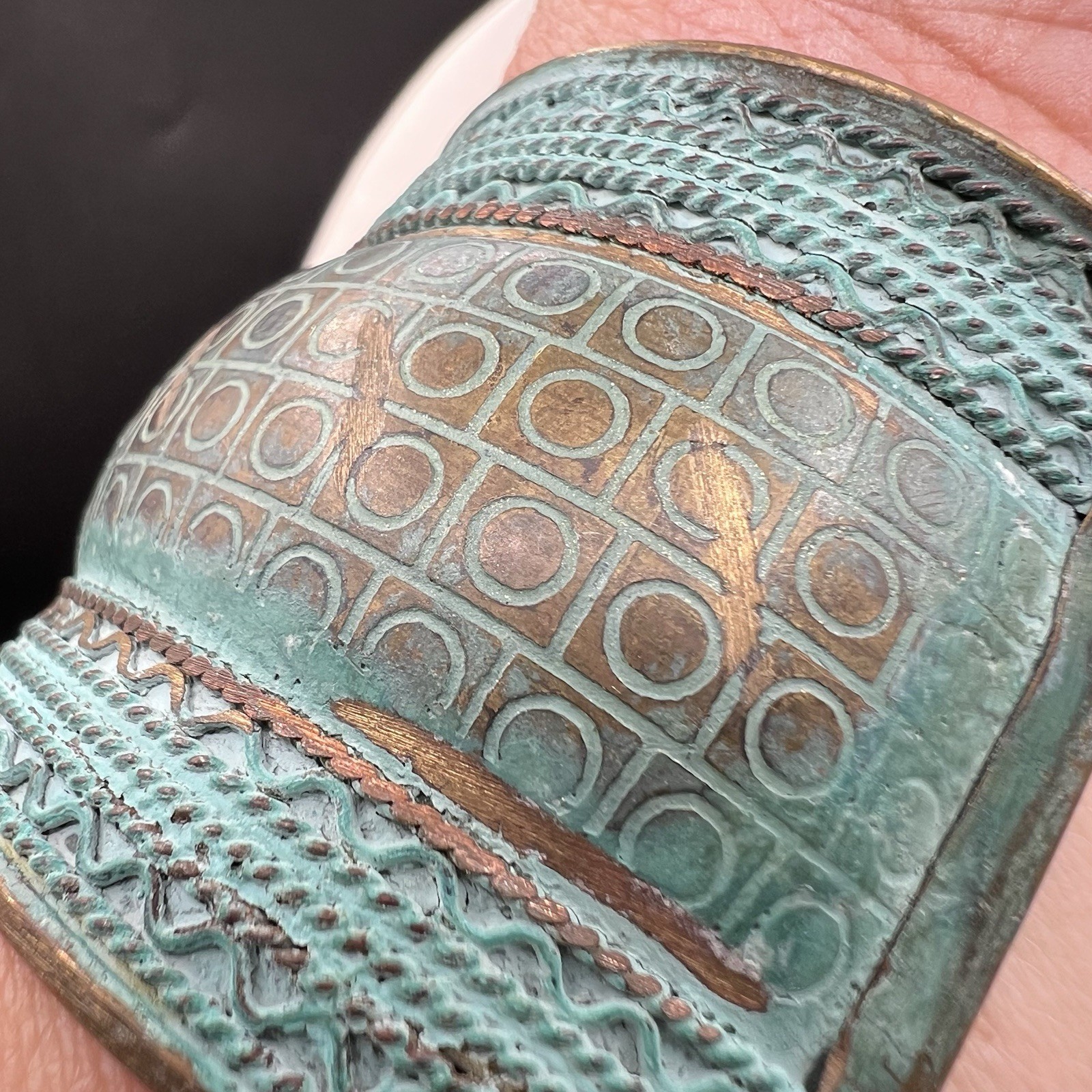 Wide Embossed CopperTone Cuff Bracelet Verdigris Patina Tribal Artisan Statement