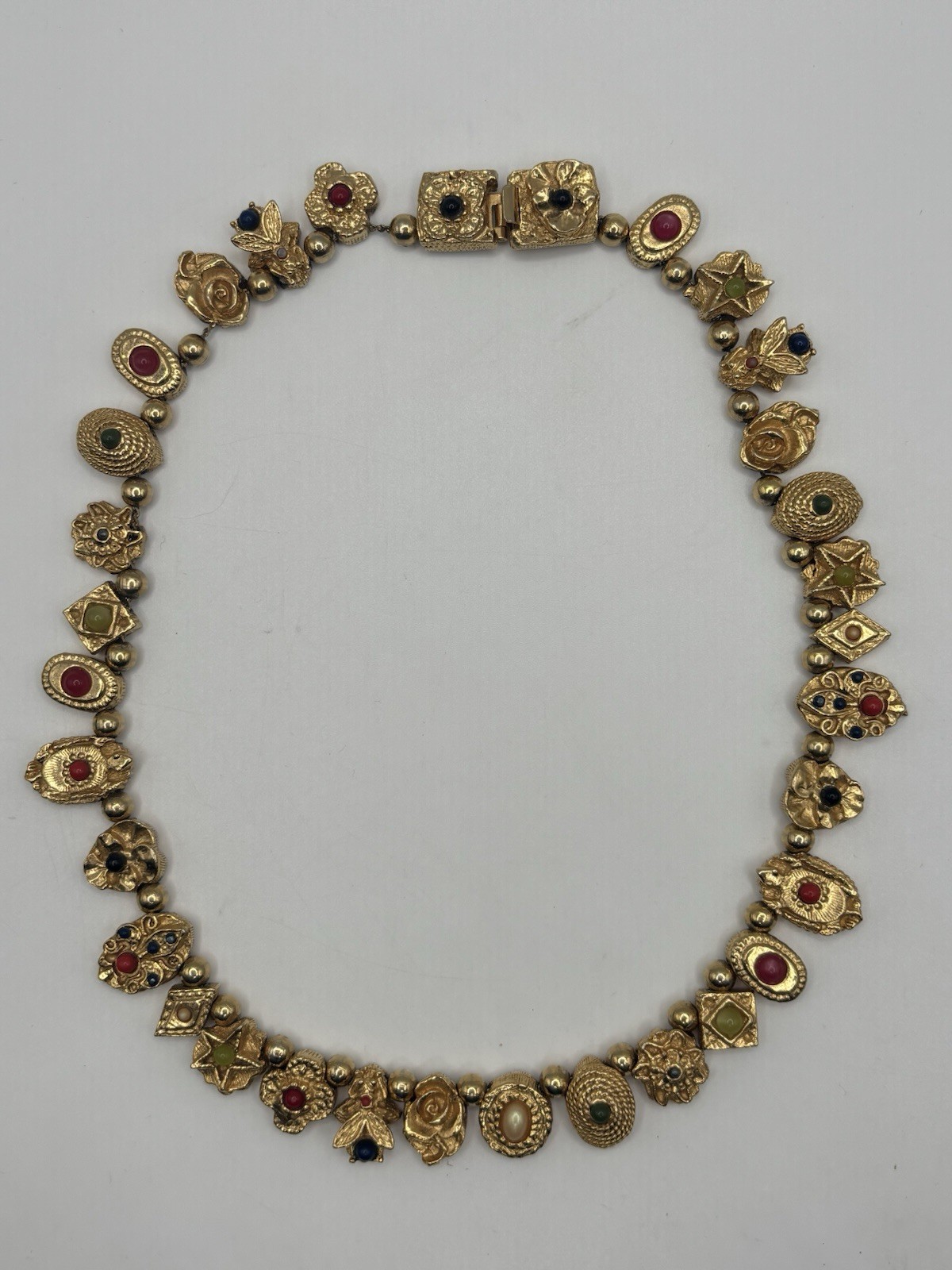 RARE Vintage Unsigned Goldette Victorian Revival Sliding Charm Necklace 16″