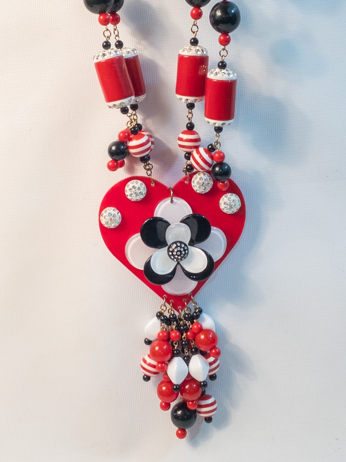 Vintage Anka Necklace Red White Black Lucite Crystal