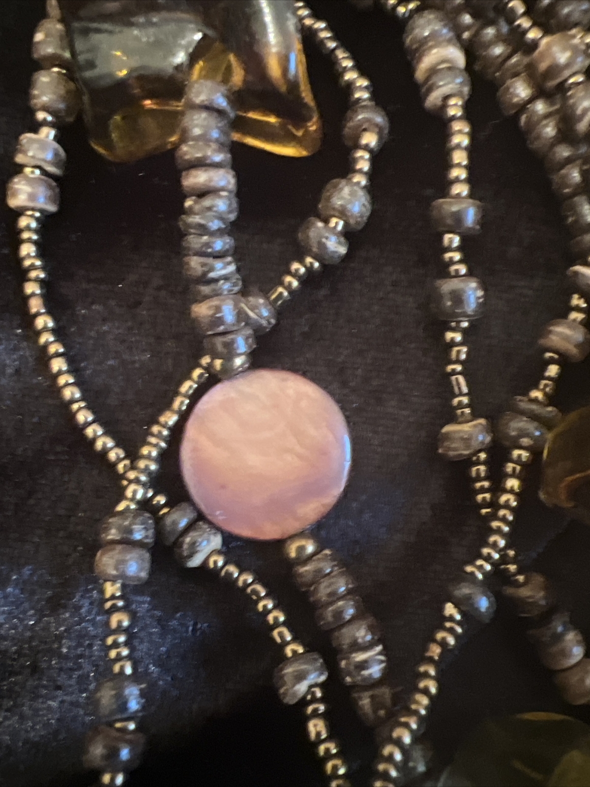 1946 Brand Brown Gold Color Lucite MOP And Wood Bead Multilayer Necklace Vtg