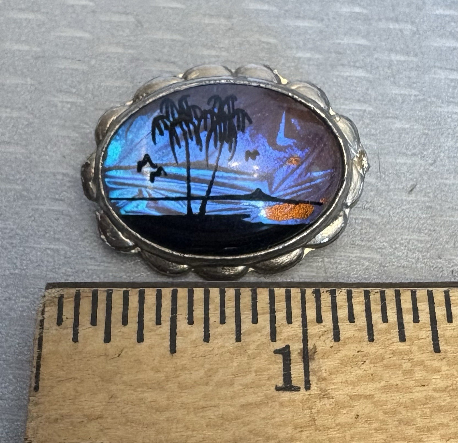 Art Deco Era Vintage Butterfly Wing Brooch Luminous Palm Tree Beach Glass Bubble
