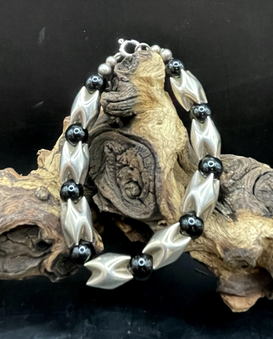 Vintage 925 Sterling Silver Black Tourmaline? Beaded Bracelet 6″