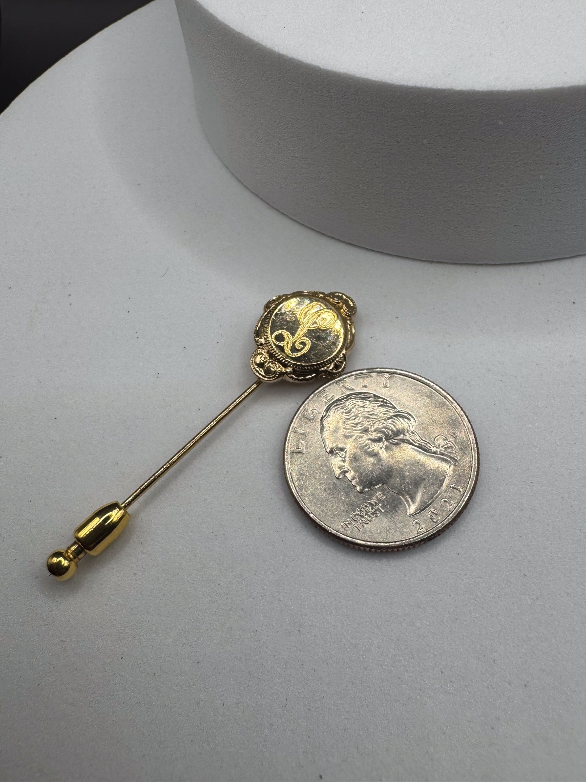 Vintage Gold Tone Ornate Monogram Letter P L Stick Pin Tie Lapel Victorian Style