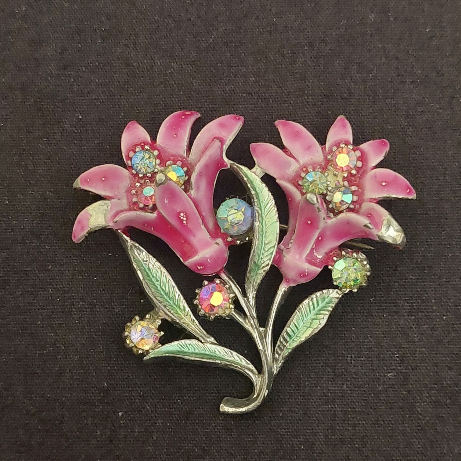 Vintage British Pink Green Guilloche Enamel Lily Rhinestones Flower Brooch