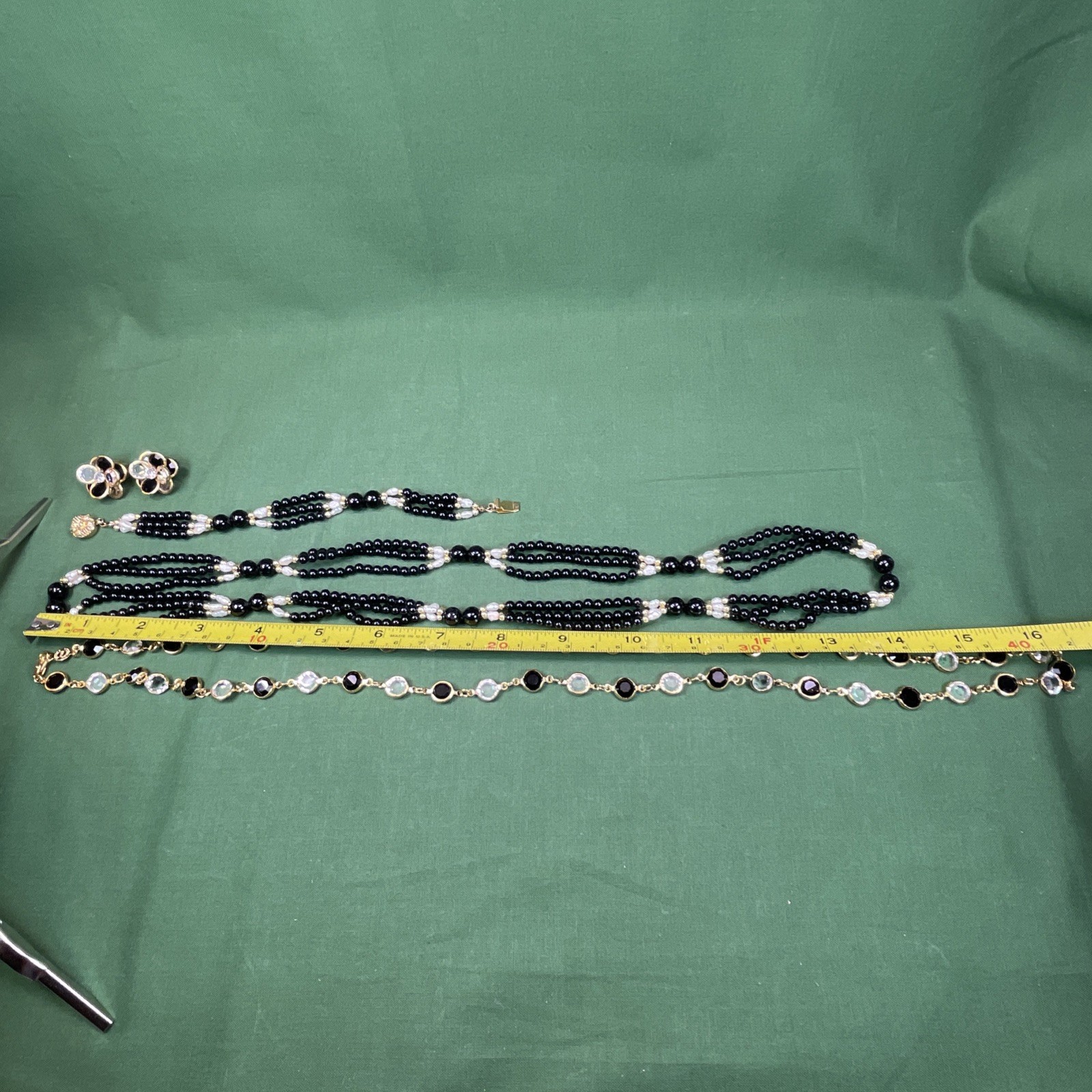 USA Made Austrian Crystal Black Gold Tone Rice Pearls Jewelry 4 Piece Parure Set