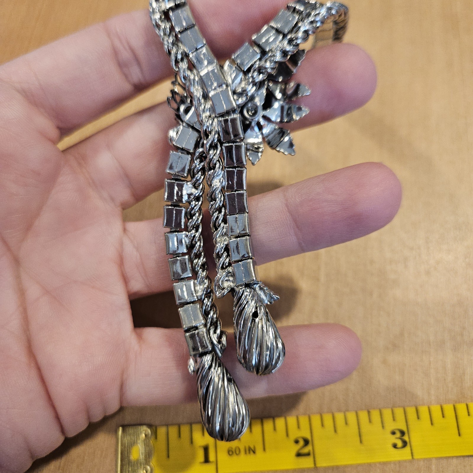 Vtg 12k White Gold Filled Chain Sliding Bead Lariat Necklace and Earrings MCM