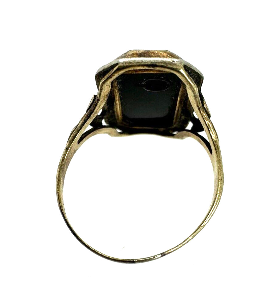 Vintage 10K Yellow and White Gold Black Onyx Diamond Ring Size 6.75