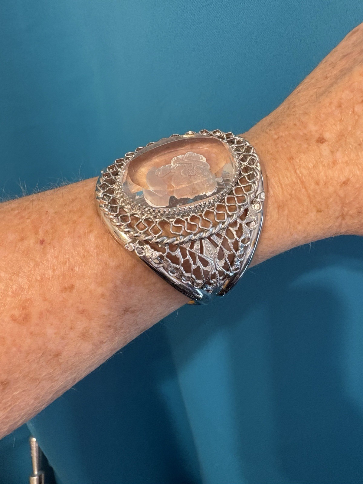 Whiting & Davis massive cuff bracelet clear cut cameo silver tone sz 6.5 vintage