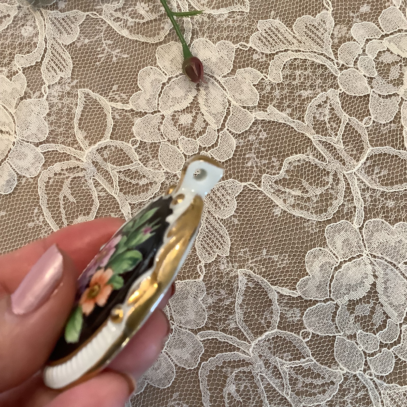 white black floral hand painted large porcelain vintage pendant 2.5″ victorian