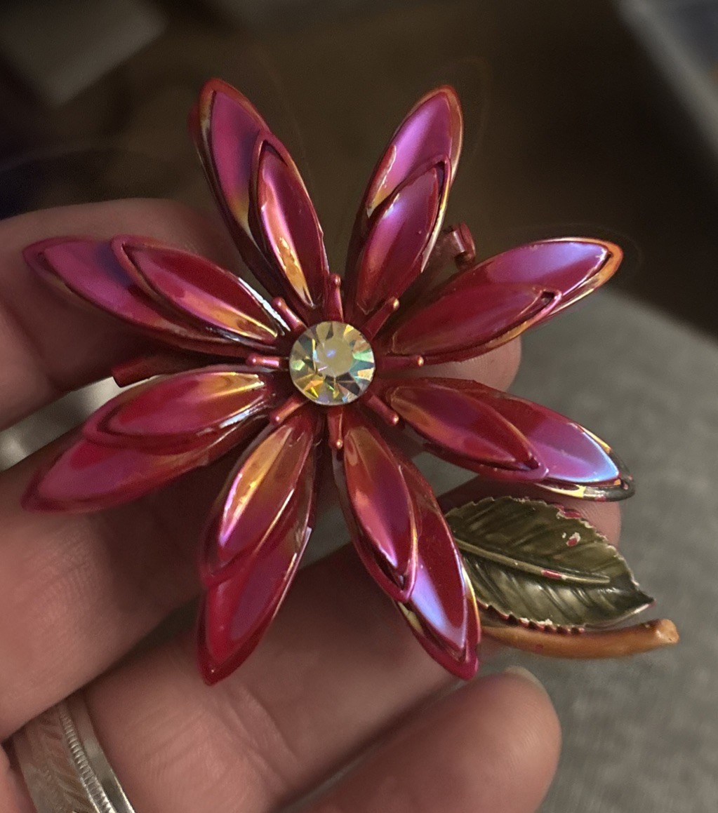 VTG 60s Large Red Iridescent Enamel Flower Ab Rhinestone Leaves Brooch