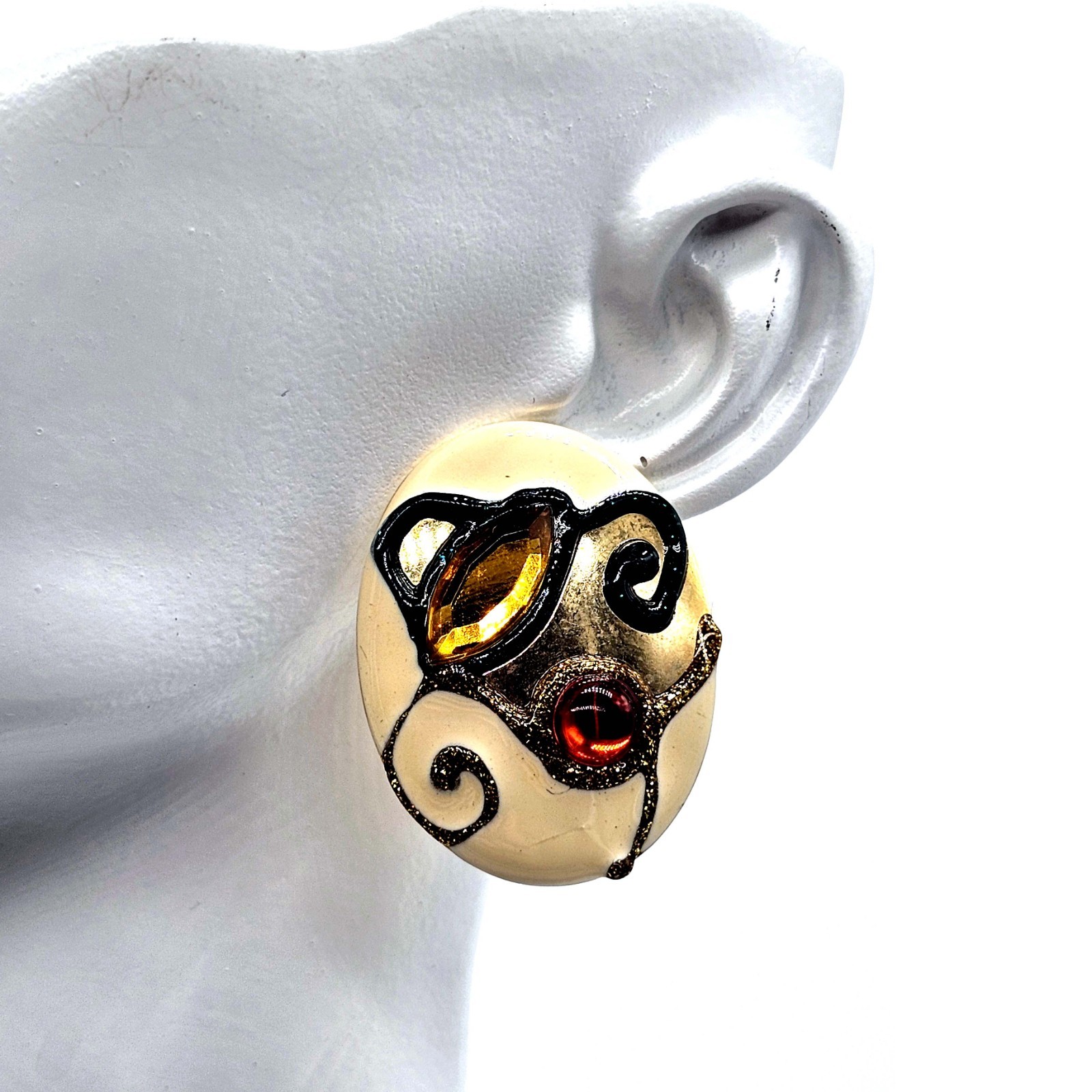 Vintage Statement Earrings – Abstract Enamel Swirl Design with Amber & Red Glass