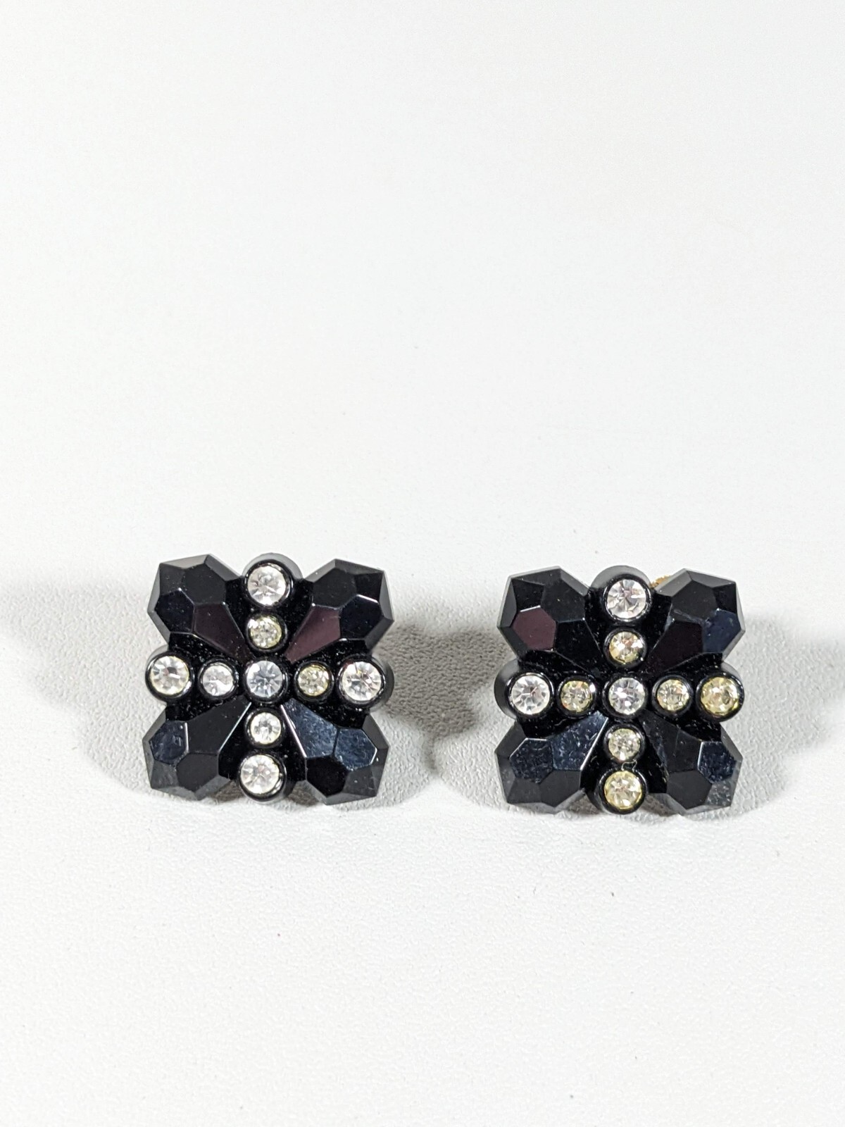 Vintage Black Acrylic Square Crystal Cross Clip On Earrings