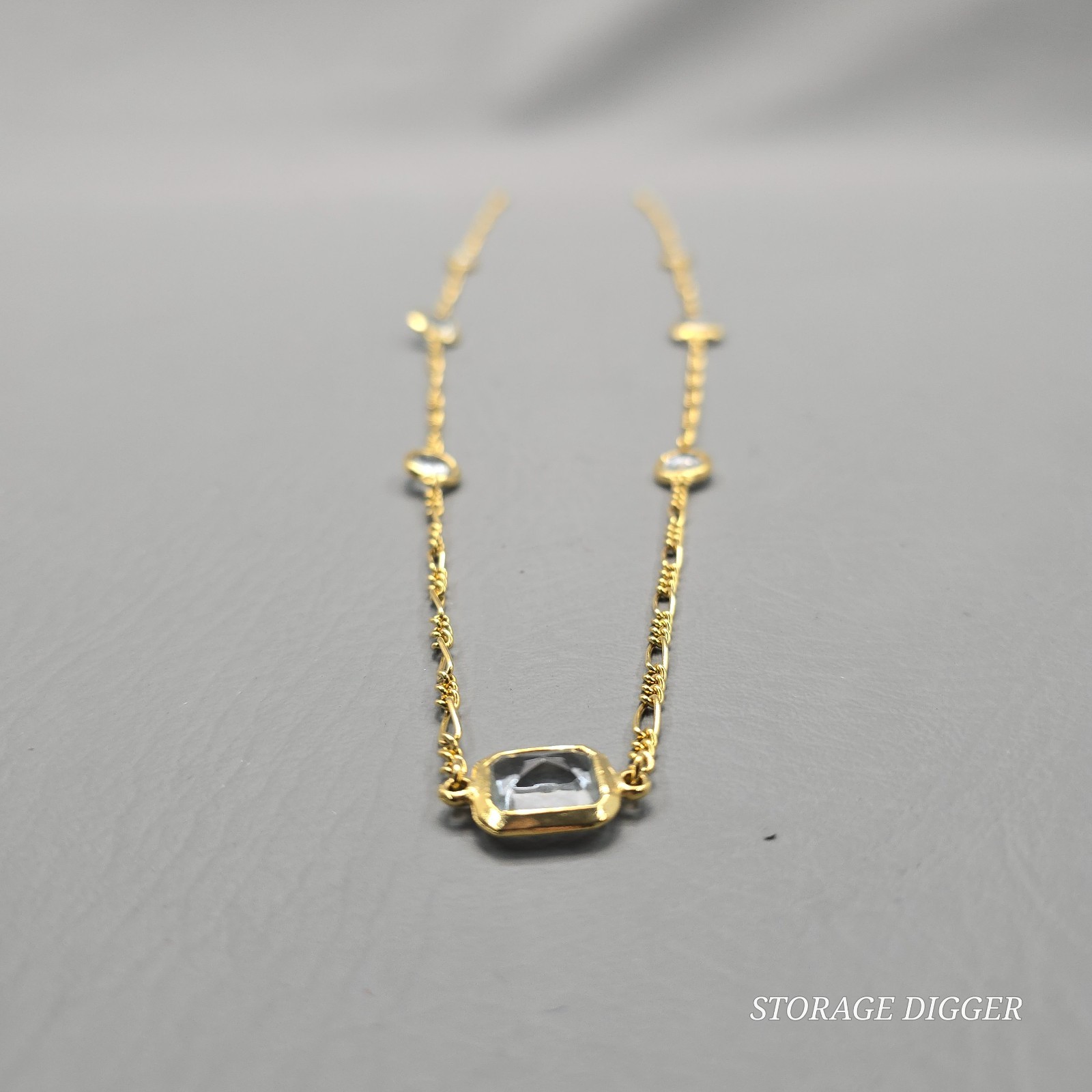 VTG Clear Crystal Bezel Gold Tone Metal Bar Link Chain Station Necklace 35″ Long