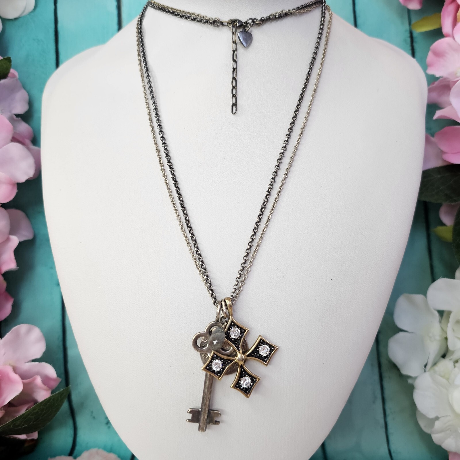 STELLA & DOT Silver Tone Key Cross Charm Pendant Long Chain Necklace