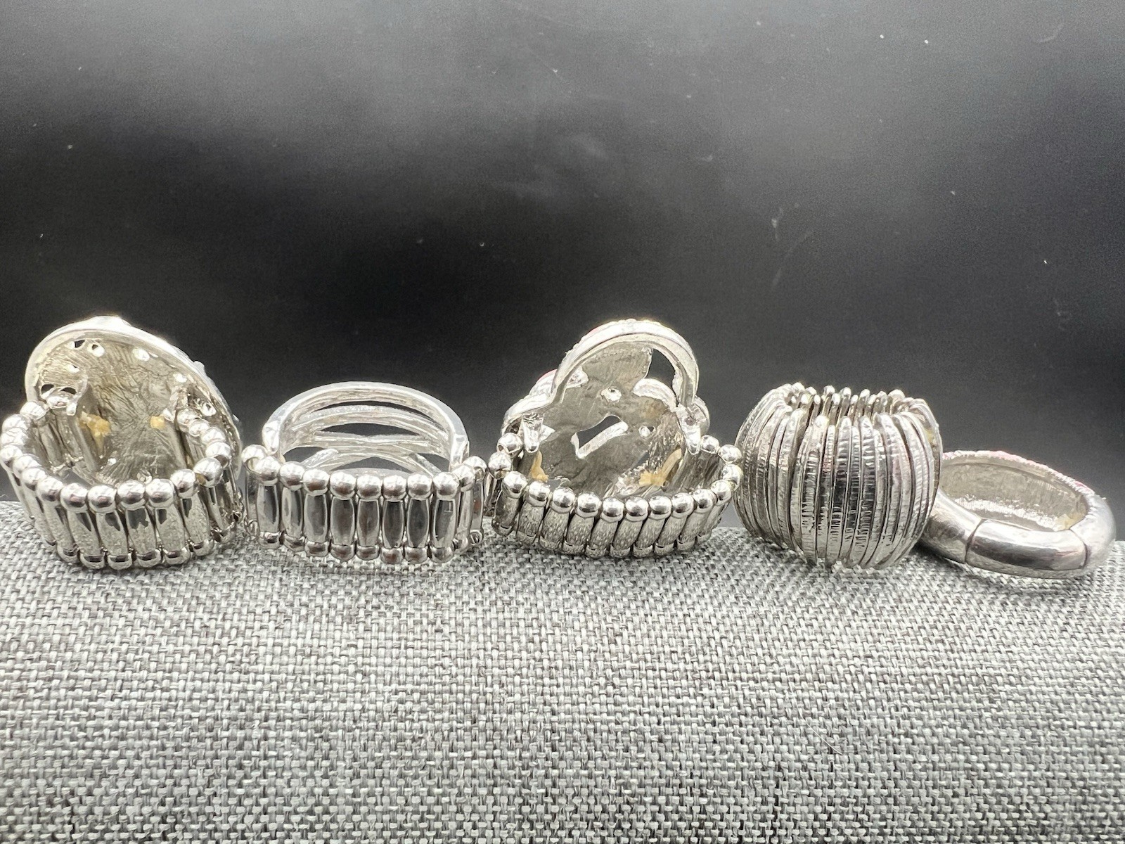 5 Vtg to Modern SilverTone Stretch Band Ring Lot Pink Purple Rhinestone One Size
