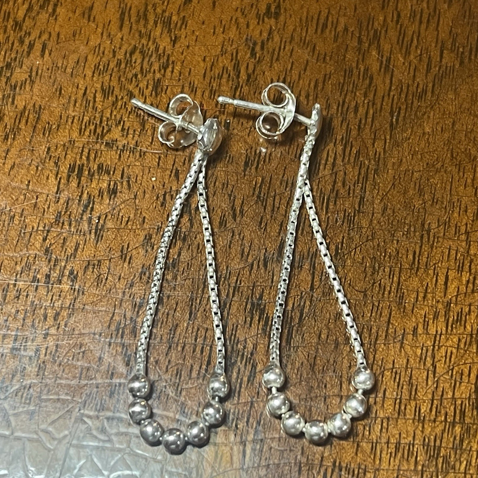 Vintage Sterling Beaded Box Chain Dangle Hoop Earrings!