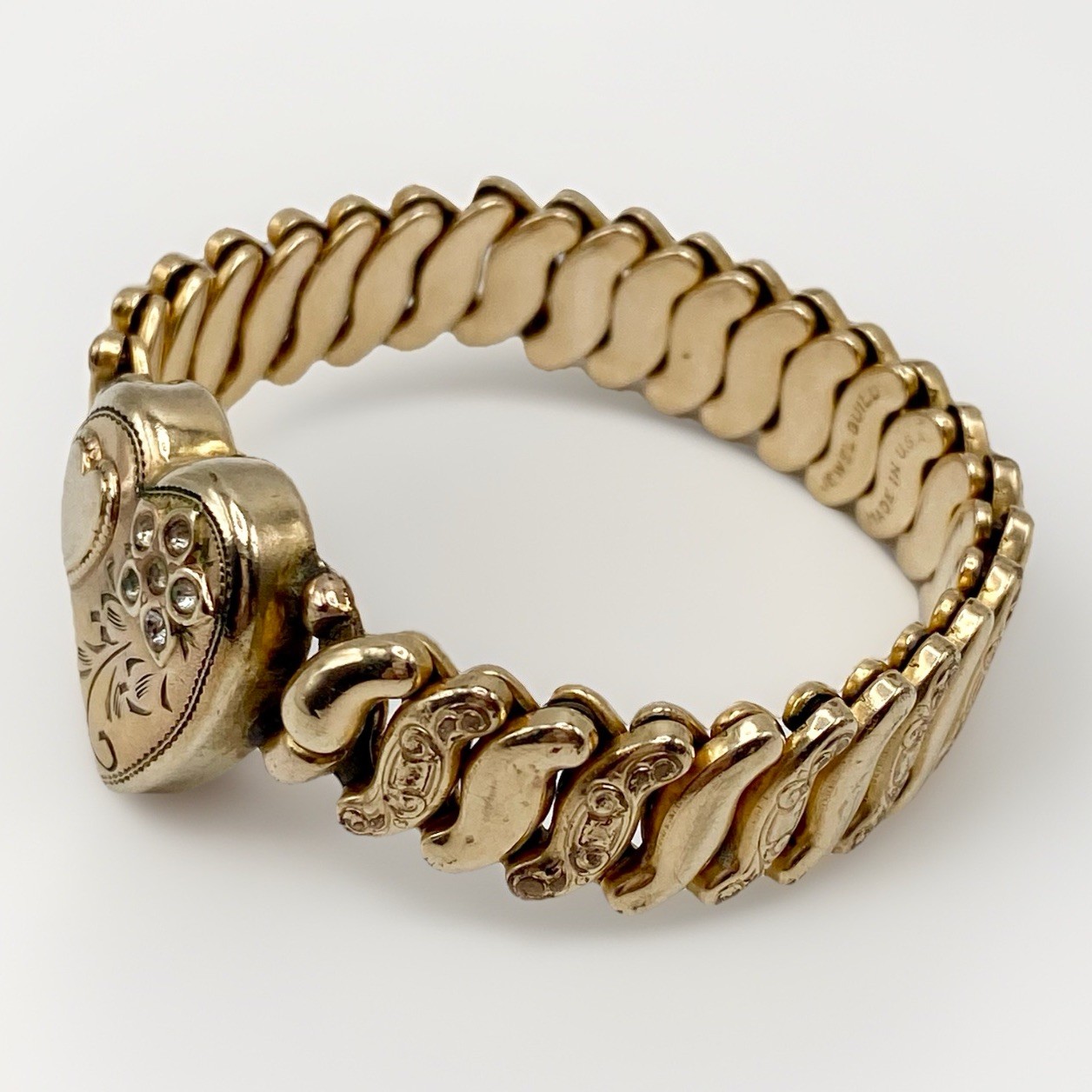 WWII Sweetheart Heart Expansion Bracelet Jewel Guild Gold Filled Rhinestone
