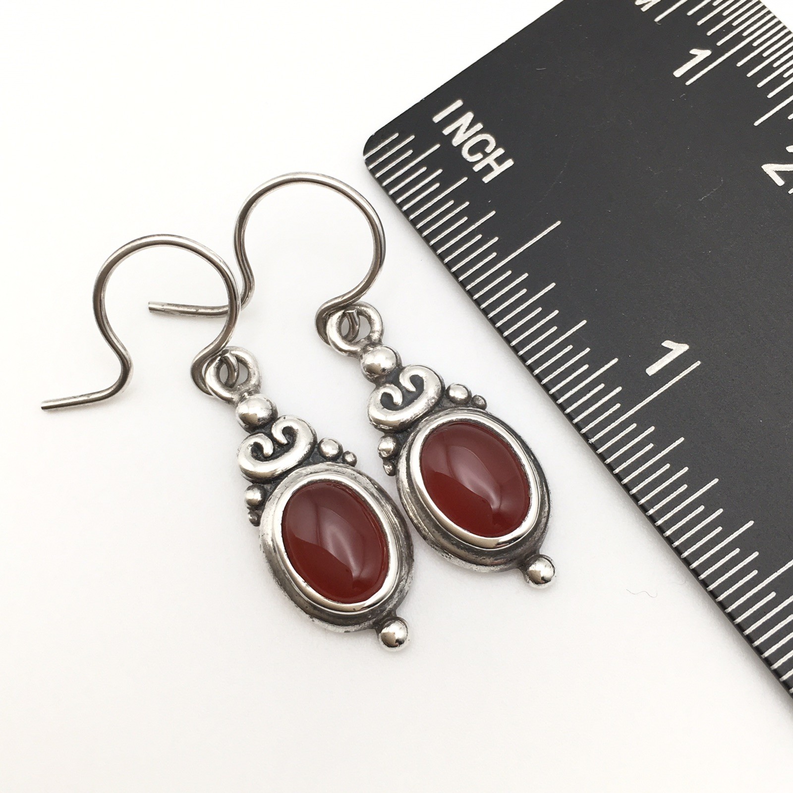 Vintage Sterling Silver Oval Red Orange Stone Hook Dangle Earrings 3.9g #65