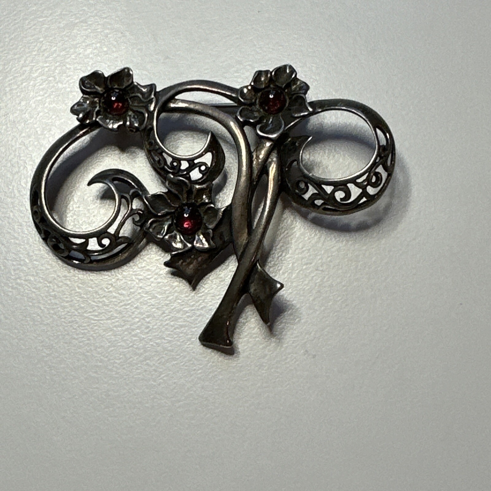 Sterling Silver Garnet Red Stone Brooch Signed Jz Jezlaine 925