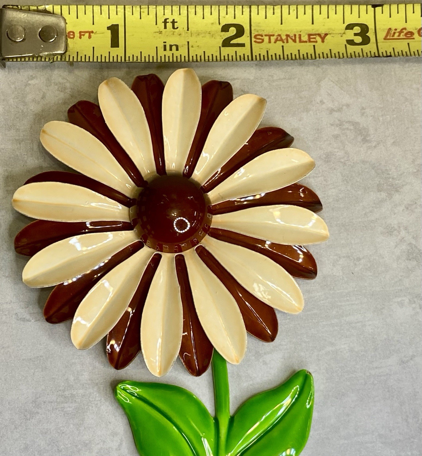 Vintage 60s Brooch Enameled Daisy Flower Cream Burnt Orange 4.25”