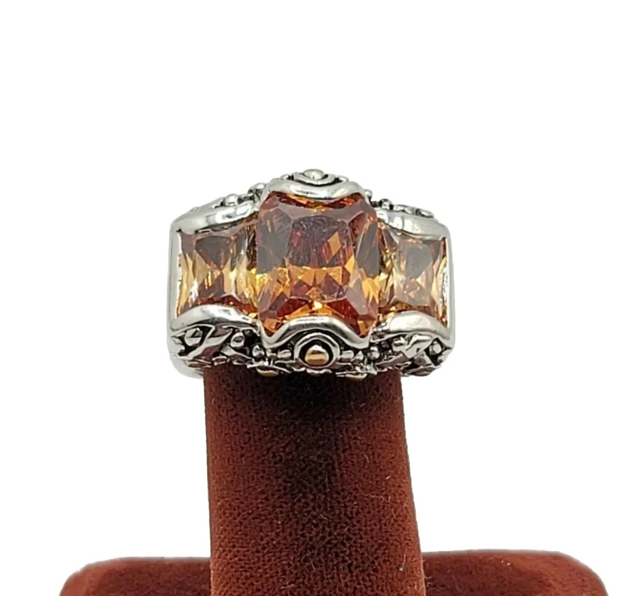 Vtg Ring Sz 10 Lg Big Topaz Citrine Cubic Zirconia Statement Fashion Jewelry