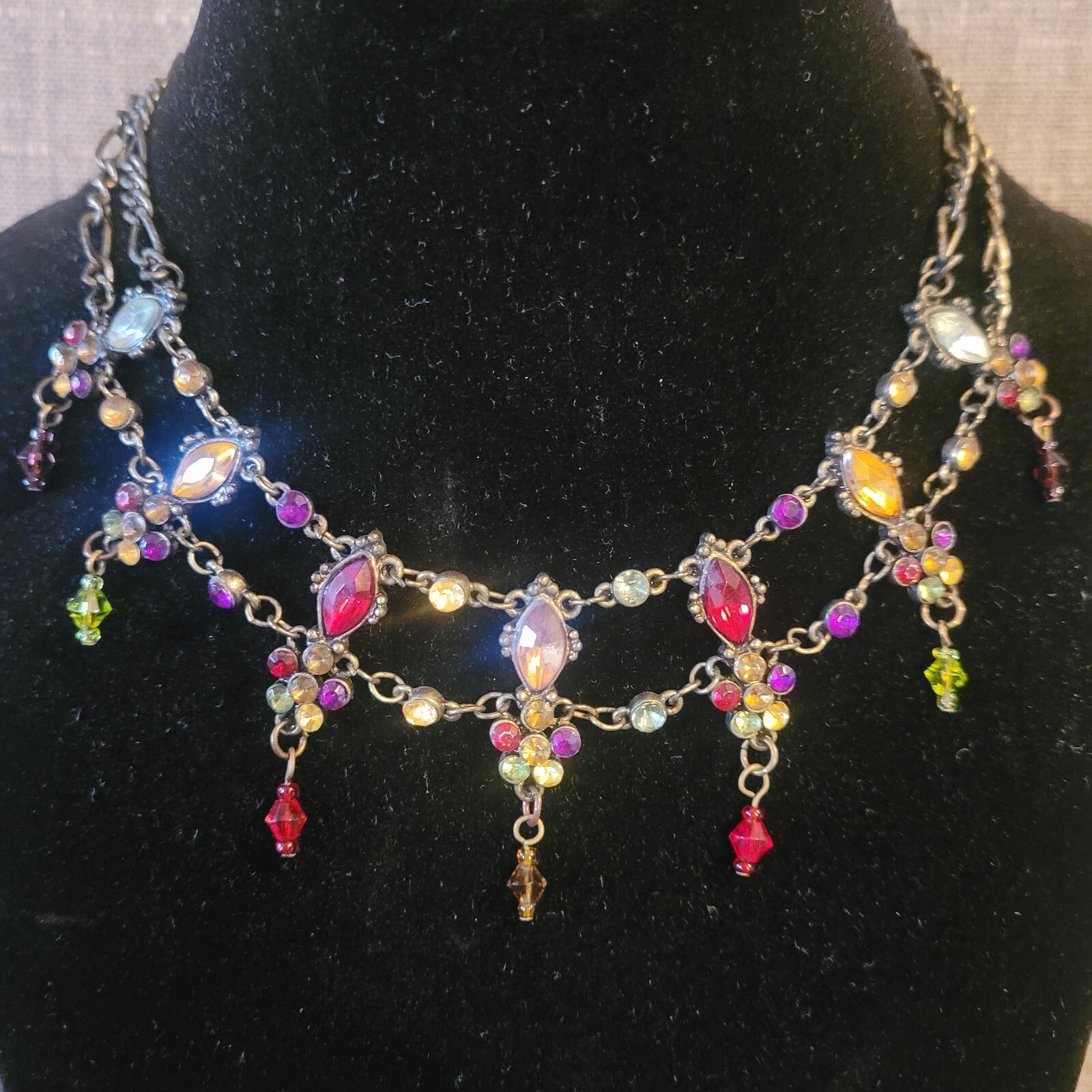 Vintage Art Deco Style Multi Color Faceted Bead Dangle Adjustable Necklace