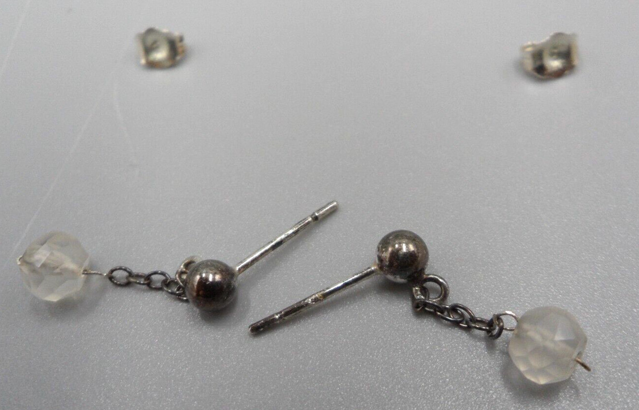 Dainty Chain Dangle Earrings 925 Silver Frosted Glass Bead 1.75″ Drop Minimalist