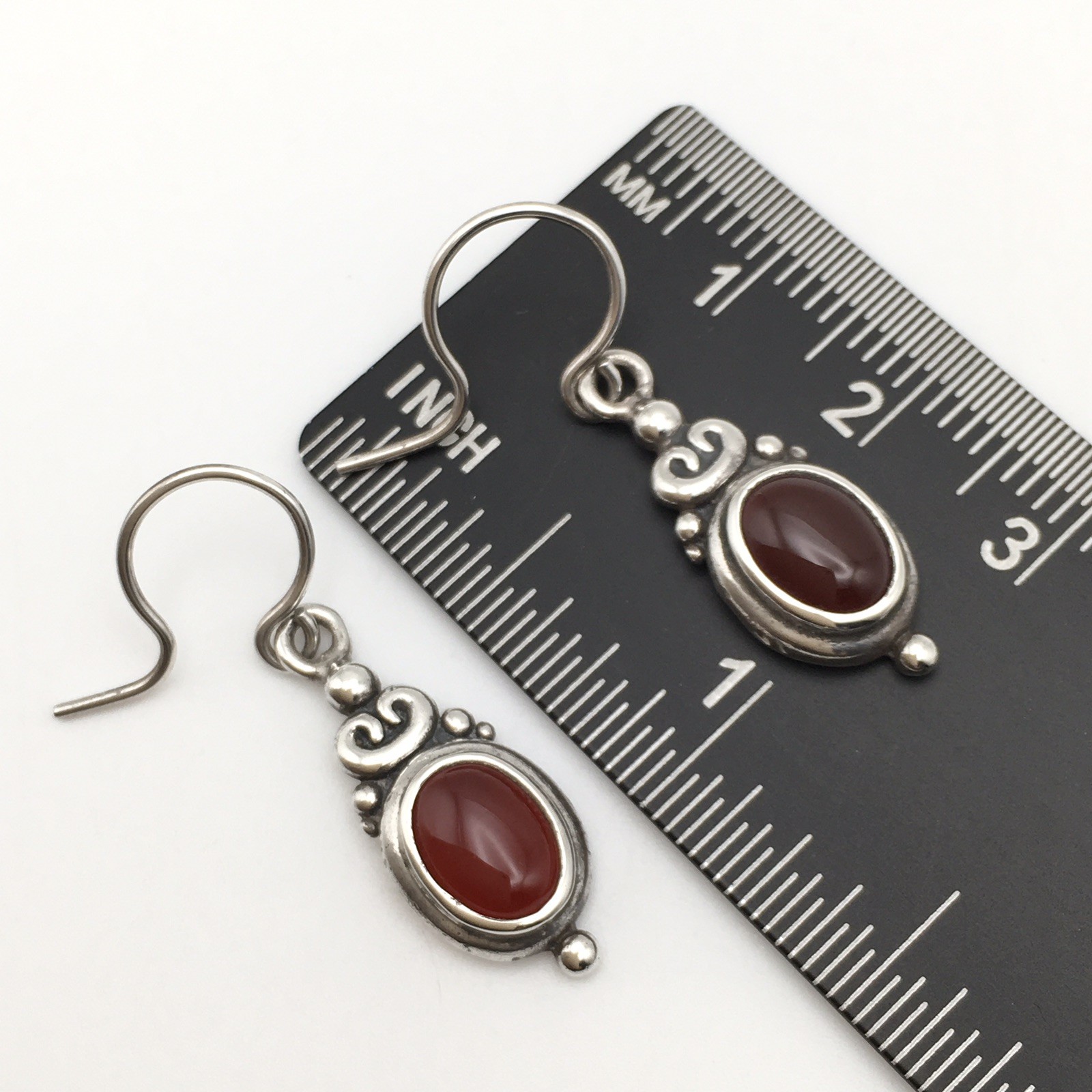 Vintage Sterling Silver Oval Red Orange Stone Hook Dangle Earrings 3.9g #65