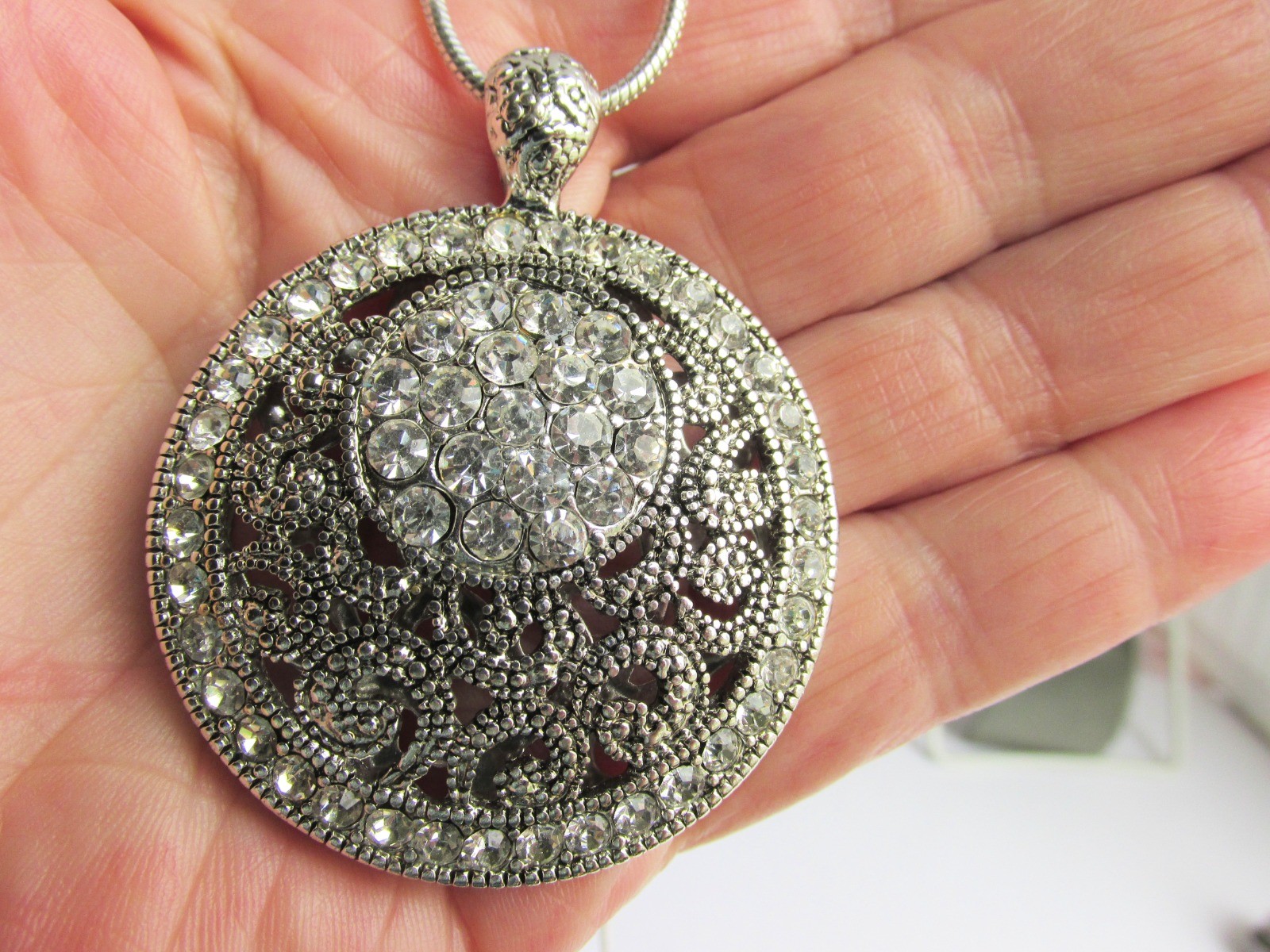 Super Sparkler Rhinestone Pendant 17″-18″ Necklace Snake Chain Silver Plate