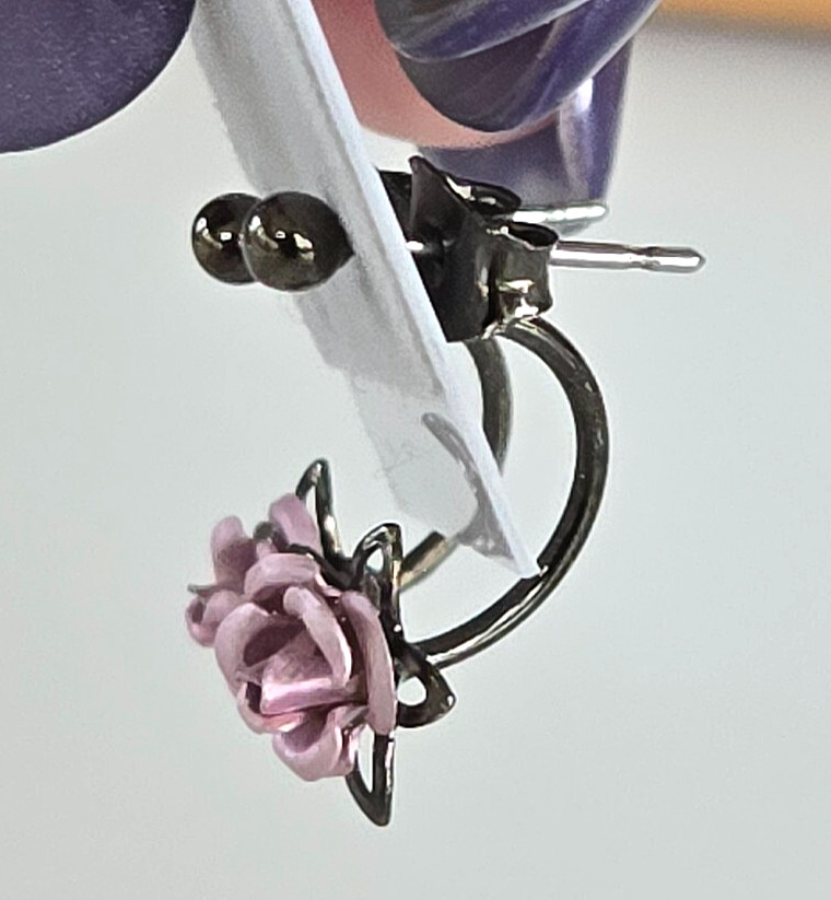 Vintage Pink Aluminum Rose Flower Stud & Hoop Gunmetal Earrings 13/16″