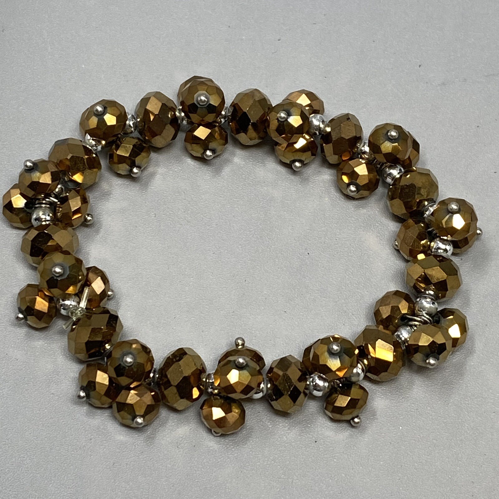 Stretch Bead Bracelet Gold Faceted Glass Cluster Fire Polished Iridescent 7″
