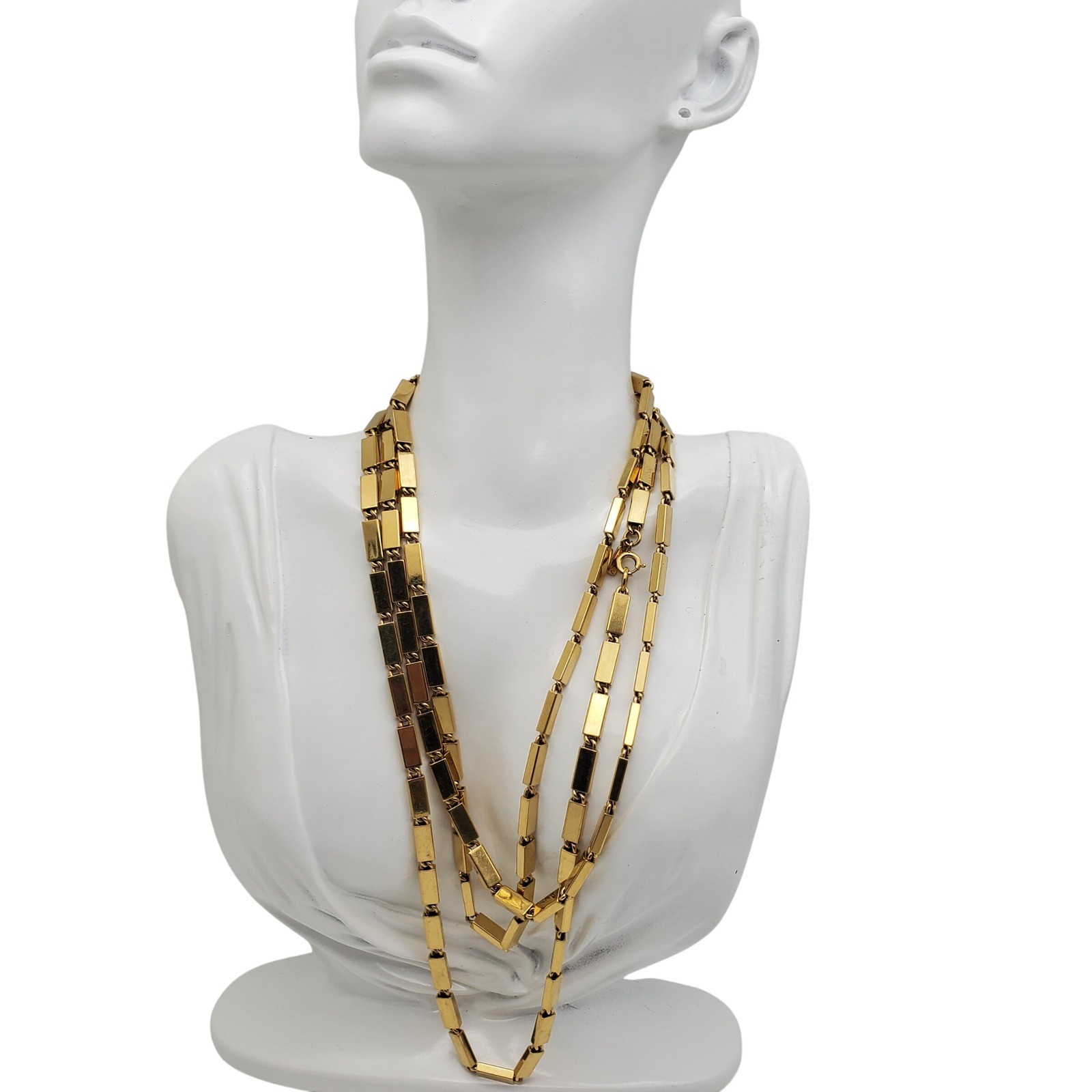 Monet Necklace Gold Tone Rectangular Box Chain Bar Link Extra Long 54″ Opera Vtg