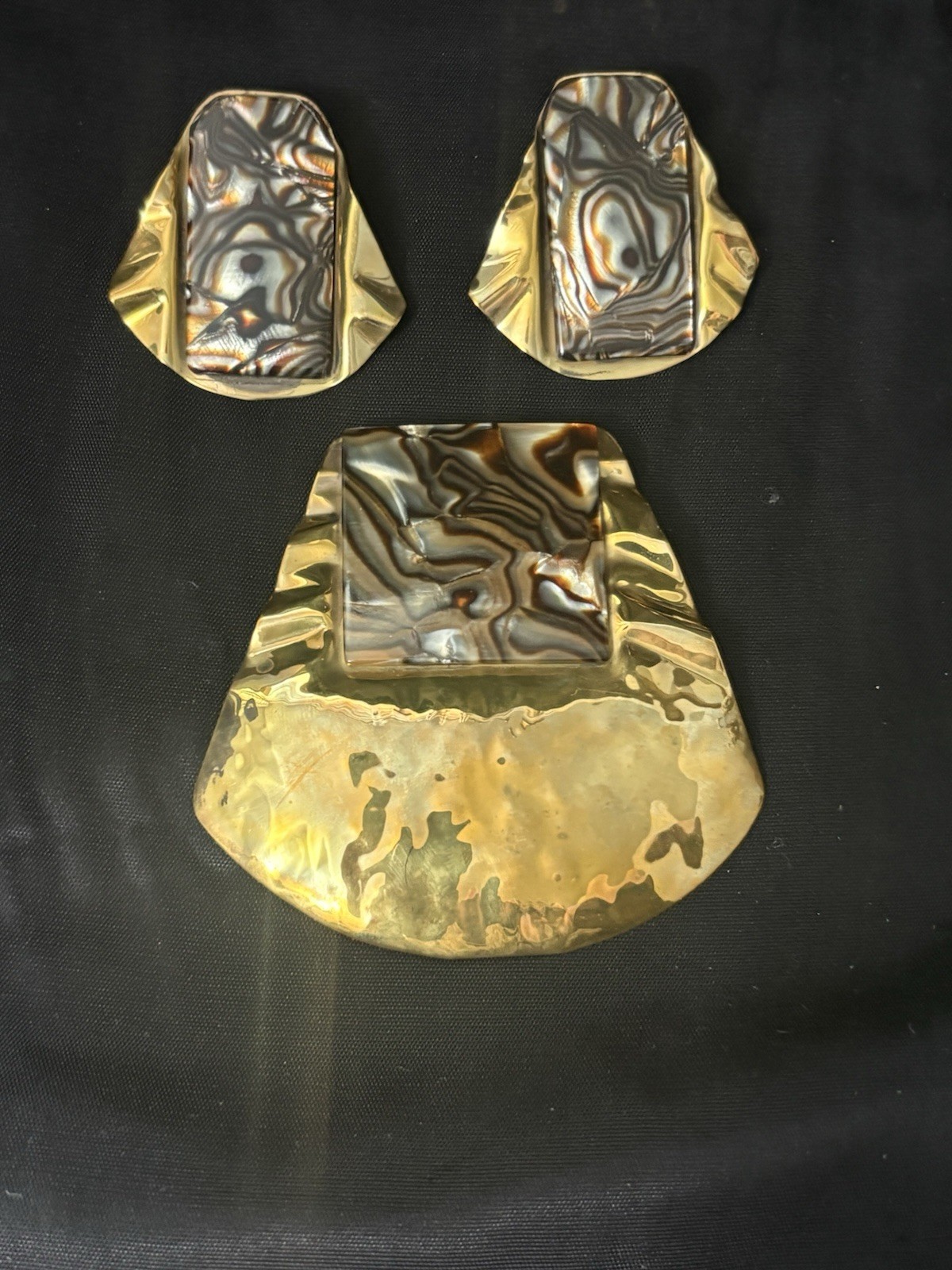 Modernist Brooch Earrings Set Brutalist Bold Studio Artist marble Swirl Signed