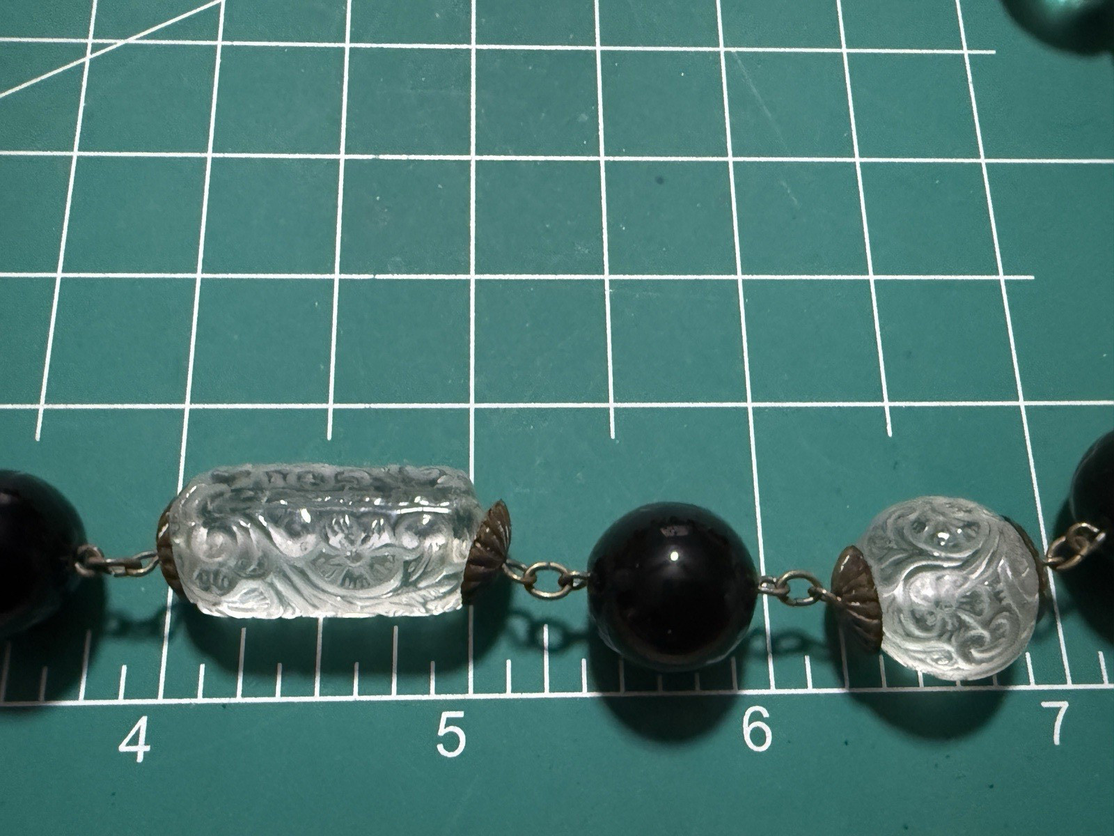 Vtg Molded Pressed Glass Bead Necklace Embossed Floral Art Deco Black Clear