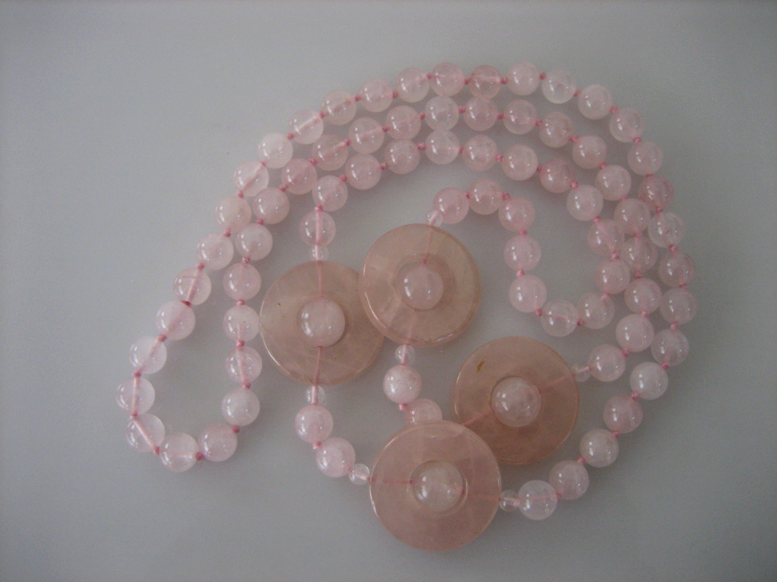 Vintage Pink Quartz Bead Disc Polished Hand Knot Necklace