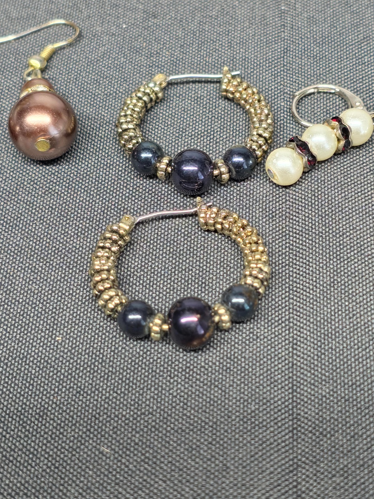 Lot of 3 Vintage Pearl Dangle Earrings Rhinestone Rondelle Hoop Latch Leverback