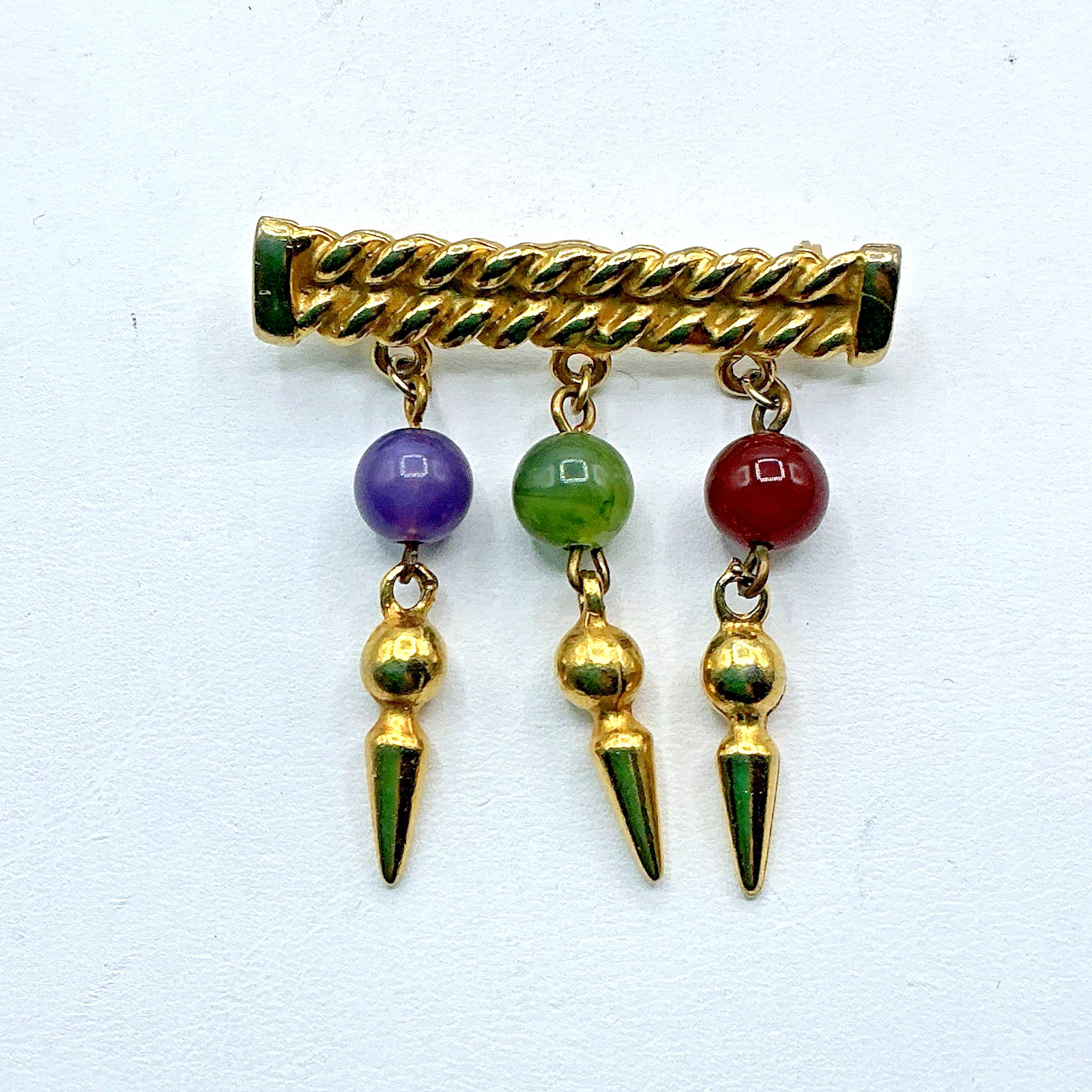 Vtg Gold Tone Bar Pin w/ Dangling Semi Precious Stones Purple Green Red Brooch