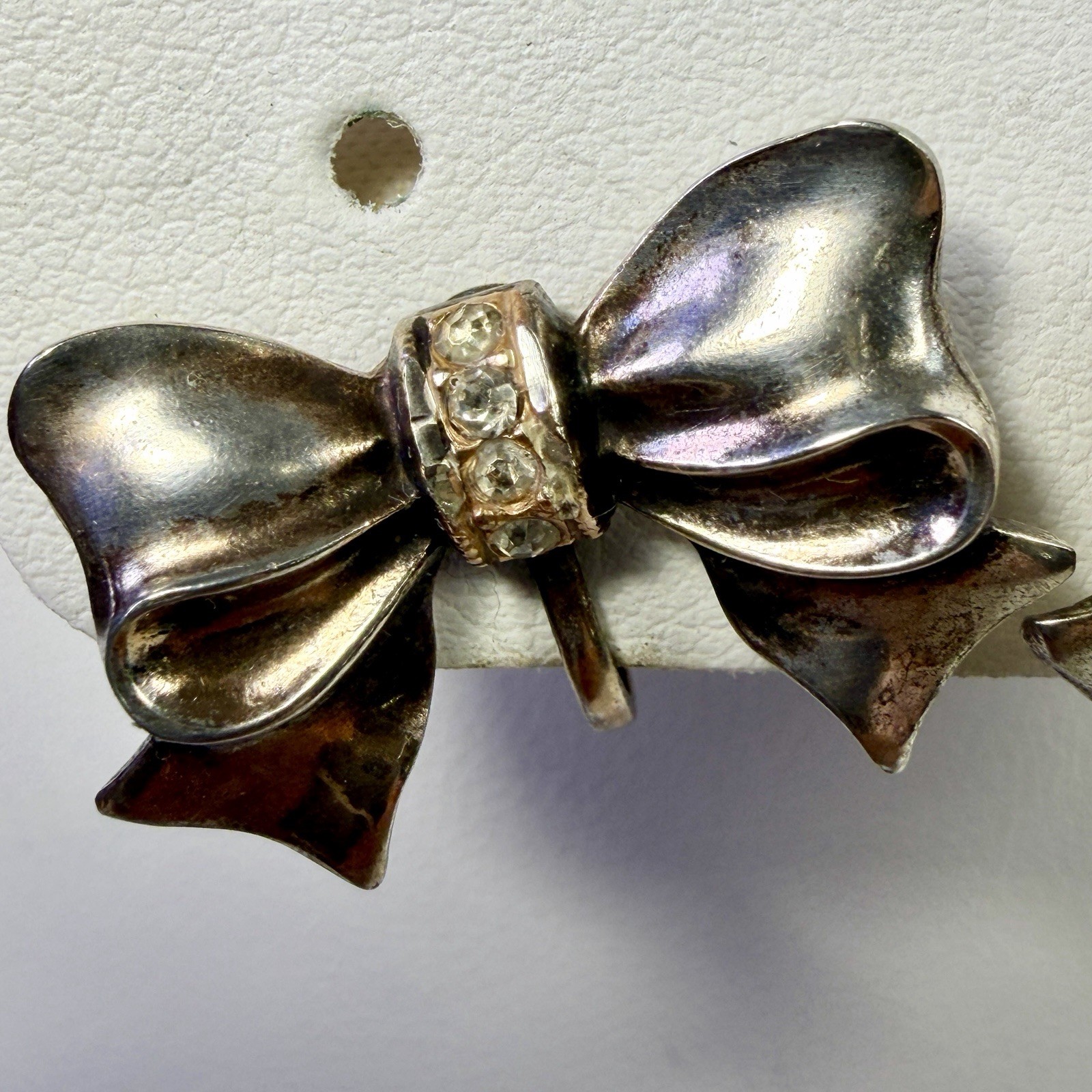 Vintage Sterling Silver Bow Ribbon Screw Back Earrings Rhinestone Accent 6.94g