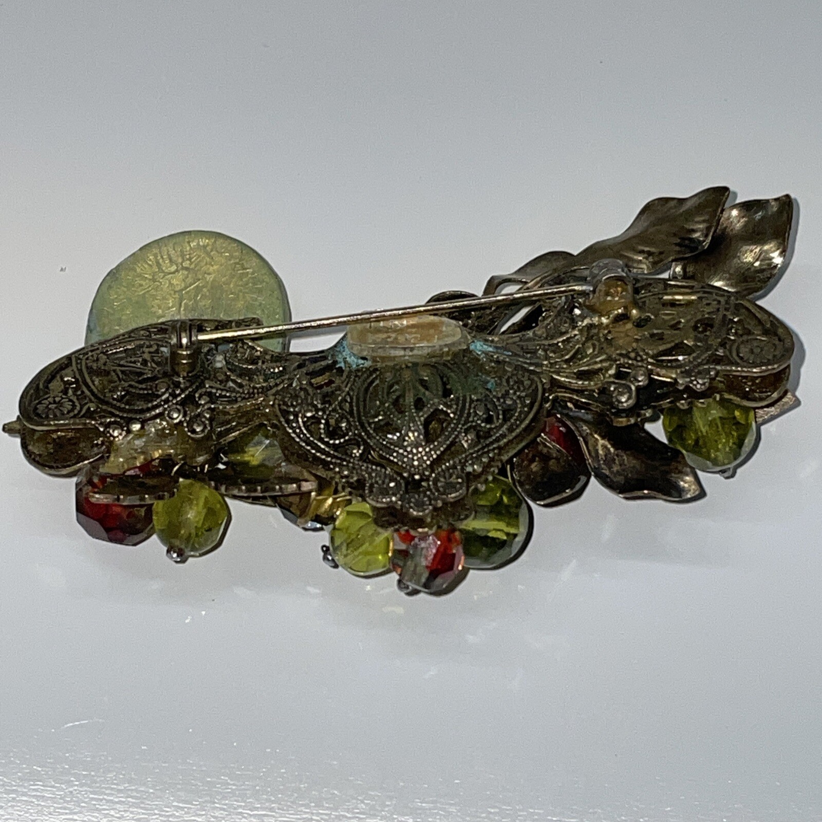 Rare Vintage Miriam Haskell Brooch Pin Gold Tone Faux Pearl Filigree Glows READ